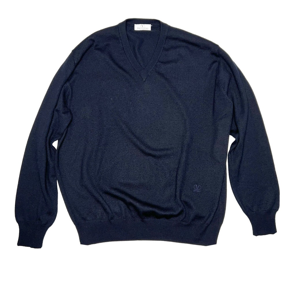 Vintage Valentino Mens Wool V Neck Sweater Size XL Navy